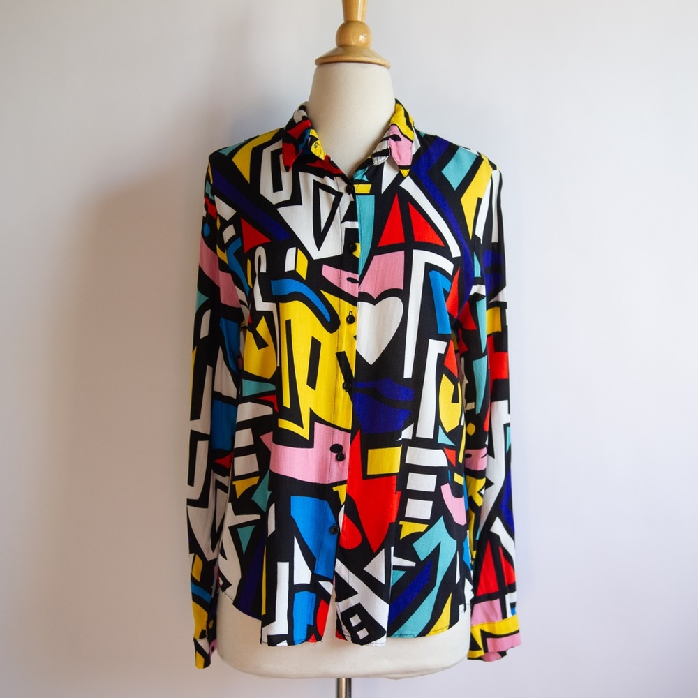 Big Dart Abstract Pop Art Colorful Button Down Top - image 3